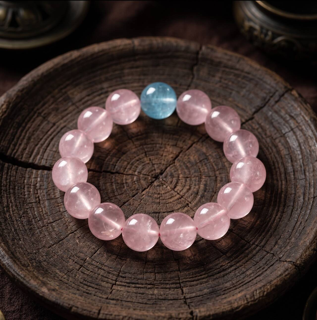 10mm rose quartz and aquamarine bracelet in the main product view