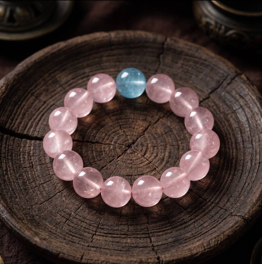 10mm rose quartz and aquamarine bracelet in the main product view