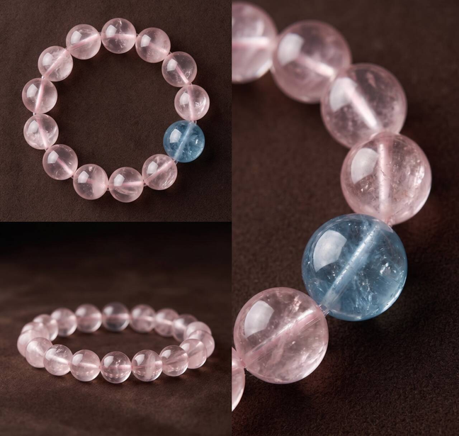 Close-up of 10mm Rose Quartz beads in soft pink tones