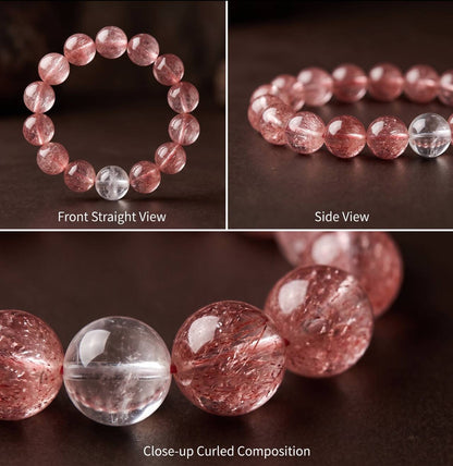 Detailed view of 10mm rose quartz beads in soft pink tones