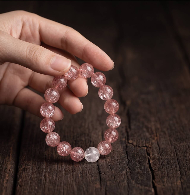 Hand holding a 10mm rose quartz bracelet in natural light
