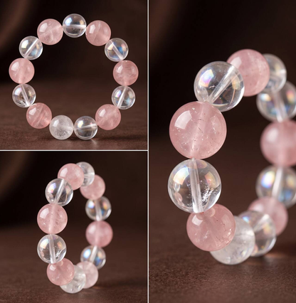 Close-up of 10mm rose quartz, White Crystal, and White Phantom Quartz beads