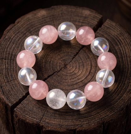10mm Madagascar rose quartz, White Crystal, and White Phantom Quartz bracelet in the main product view