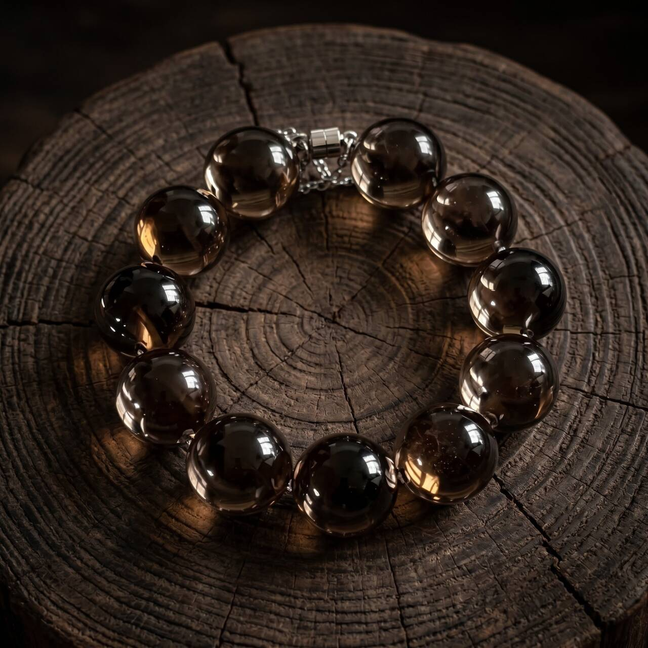 Smoky brown translucent 10mm bead bracelet arranged on a dark wooden surface
