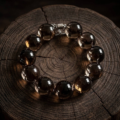 Smoky brown translucent 10mm bead bracelet arranged on a dark wooden surface