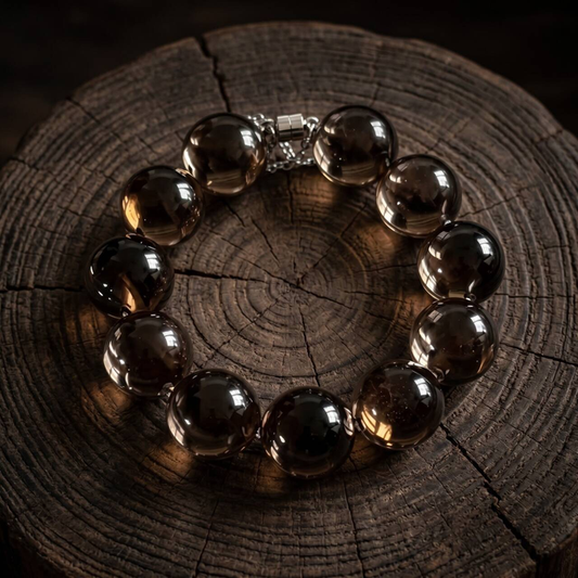 Smoky brown translucent 10mm bead bracelet arranged on a dark wooden surface
