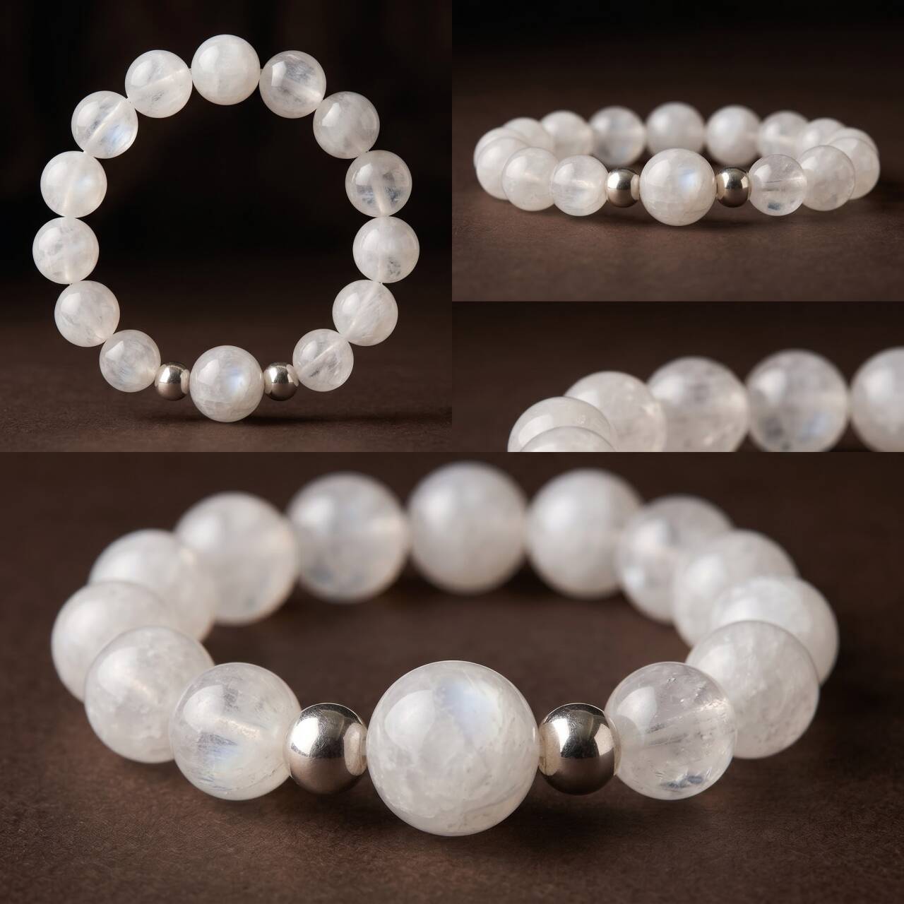 Close-up of 10mm Snow Phantom Quartz beads with misty white inclusions