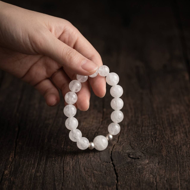 Snow Phantom Quartz bracelet held in hand in natural light