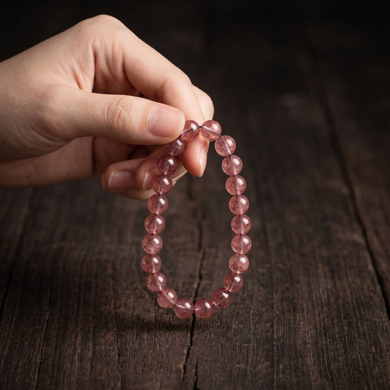 7mm Strawberry Quartz bracelet held in hand under natural light