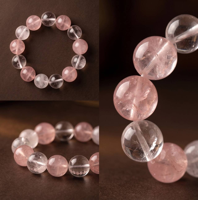 Close-up of 10mm White Crystal and rose quartz beads in clear and soft pink tones