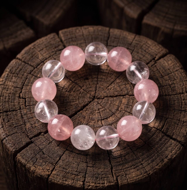 10mm White Crystal and rose quartz bracelet in the main product view