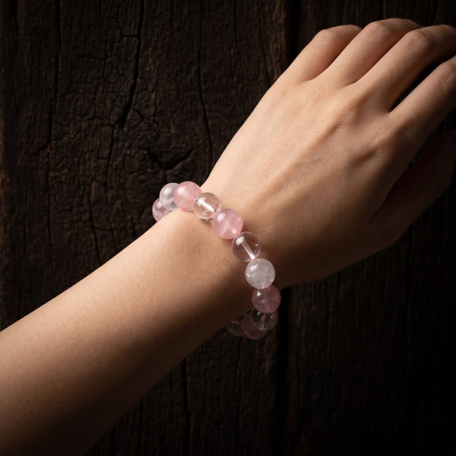 10mm White Crystal and rose quartz bracelet shown on the wrist