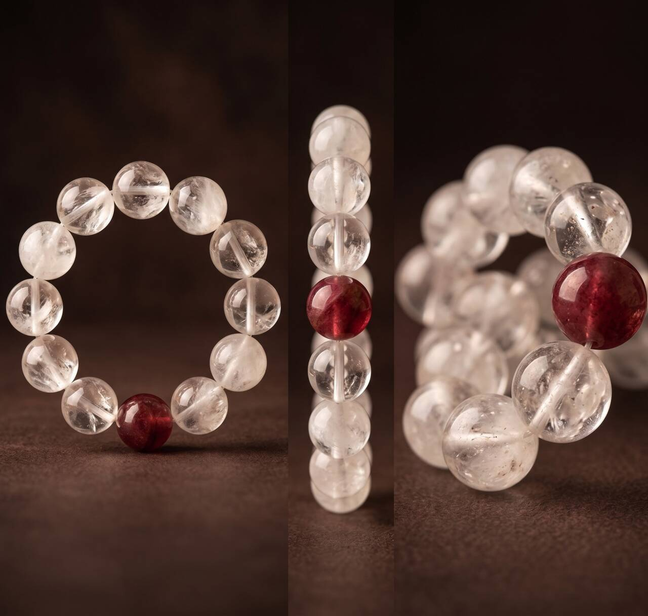White Phantom Quartz bracelet held in hand in natural light